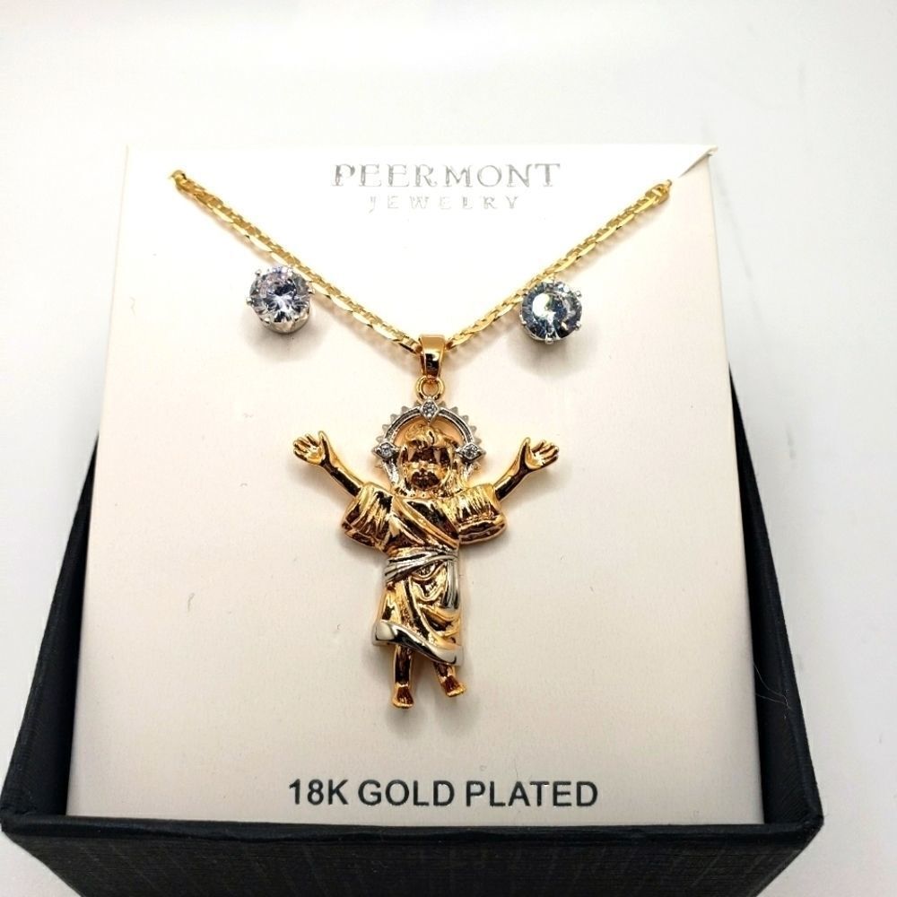 18k gold plated Jesus pendant chain necklace, stud earrings